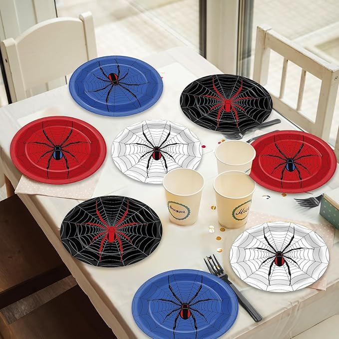 48PCS Spider Party Supplies 7" Super Theme Hero Birthday Parties Dessert Plates Spiderweb Themed Decorations Comic Heroes Tableware Set Cartoon Disposable Paper Plate for Spider Fans Kids Boys Favor