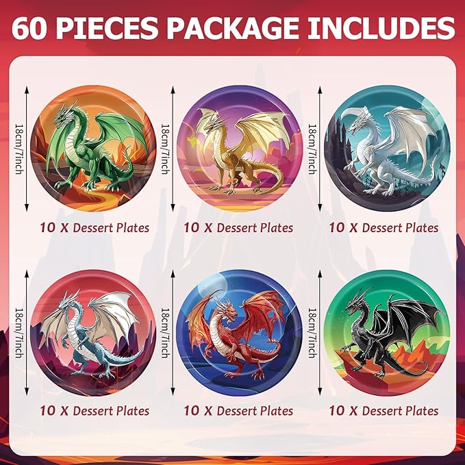 60pcs Dragon Birthday Party Paper Plates for Dragons Knight Party Decorations 7in Fantasy Dinosaur Disposable Dessert Plates for Baby Shower Boys Birthday Dragon Themed Parties Supplies
