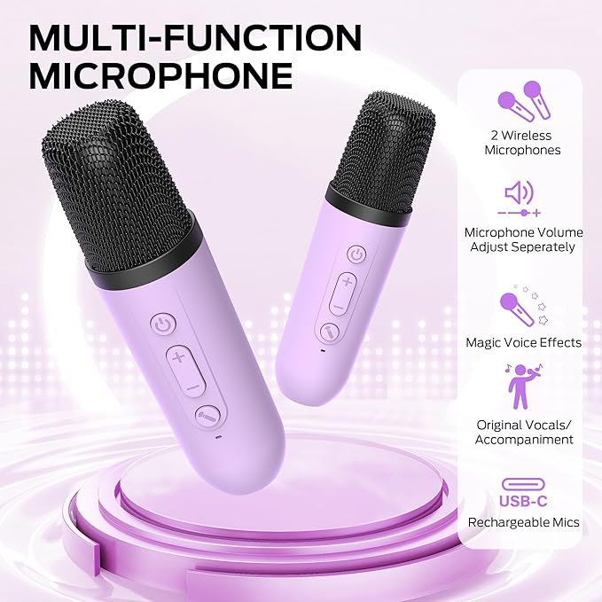 Monster Mini Karaoke Machine for Kids Adults, Portable Bluetooth Speakers with 2 Wireless Microphones and Lights, Christmas Birthday Gifts Toys for Girls Boys 4, 5, 6, 7, 8, 9, 10, 12+ Toddler