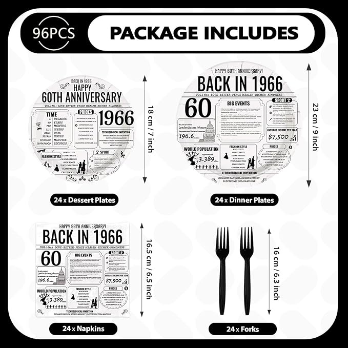 96Pcs 60th Anniversary Party Decor Vintage Back in 1966 Plates and Napkins Black White 60th Disposable Paper Tableware Set for Men Women Wedding Anniversary Birthday Party Supplies Serves 24