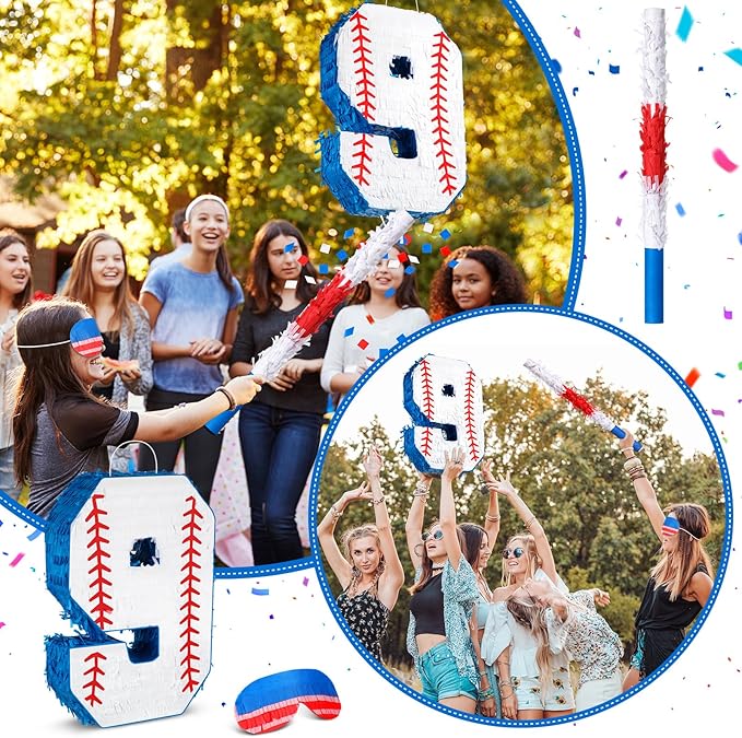 HyDren Baseball Piñata Baseball Party Decorations Number Piñata with Bat, Blindfold and Confetti, 16 Inch Sports Themed Birthday Party Supplies for Celebration Events(Number 9)