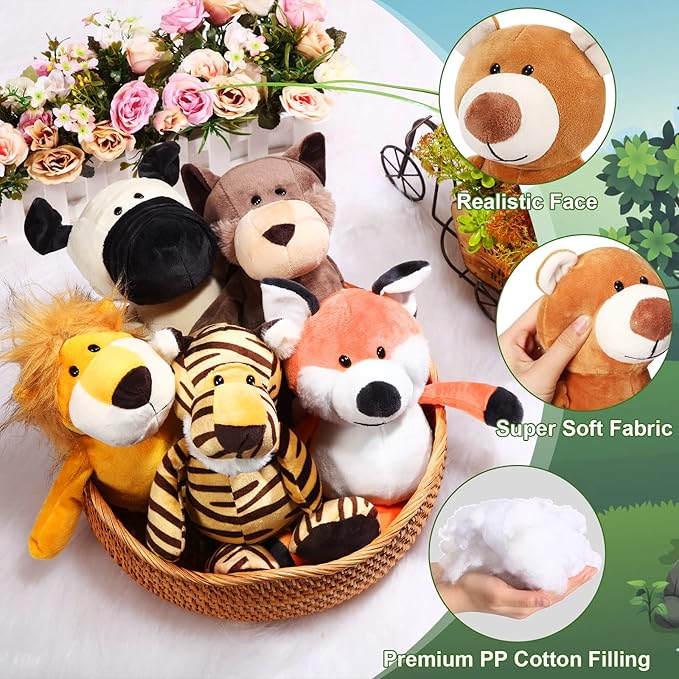 Lenwen 24 Pcs Safari Stuffed Animals Set 10 Inch Jungle Plush Animals Bulk Lion Elephant Giraffe Zebra Panda Soft Stuffed Toys for Jungle Party Favors, VBS Prizes Rewards Gifts