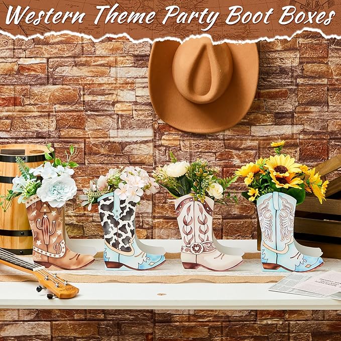 12 Set Western Boots Flower Boxes Centerpiece Boot Shape Gift Boxes Party Decoration Vase Centerpieces for Tables Boots Rodeo Birthday Baby Shower Supplies(Western Blue,Cow)
