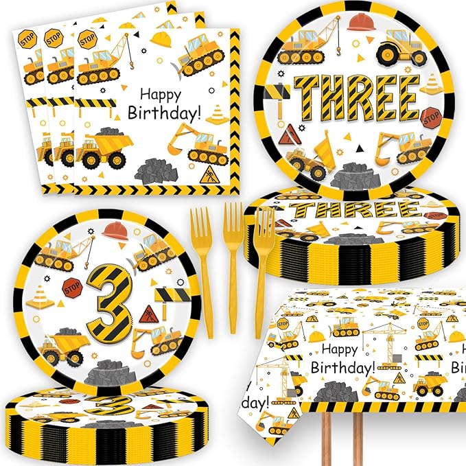 51 Pcs Construction 3rd Birthday Party Supplies Dump Truck Three Years Old Tablecloth Paper Plates Napkins Forks Dinnerware for Construction 3rd Birthday Party Supplies Decorations