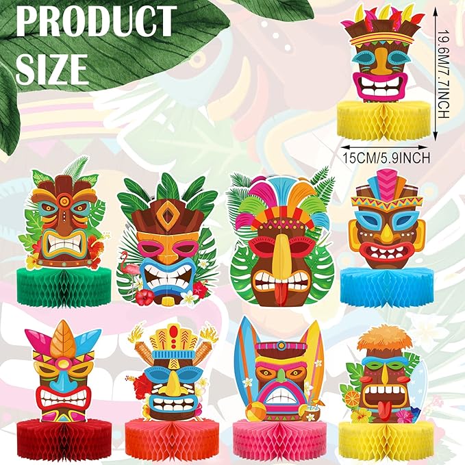 Geyee 9 Pcs Hawaiian Luau Honeycomb Centerpiece Tiki Tropical Table Toppers Party Decorations Luau Double Side Table Paper Toppers Signs for Hawaii Birthday Beach Pool Party Supplies