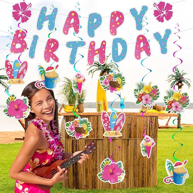 Hibiscus Birthday Party Decorations Happy Birthday Banner with Luau Hibiscus Flower Hanging Swirls Pink Blue Hawaiian Tropical Themed Party Supplies Tropical Luau Summer Decorations