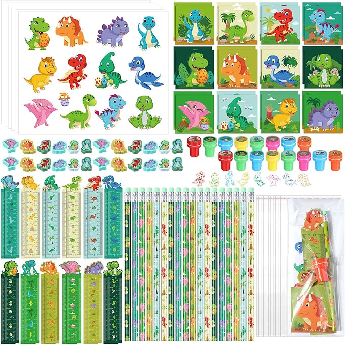 PerKoop 168 Pcs Dinosaur Party Favors Dinosaur Birthday Party Supplies Goodie Bags for Boys Girls Birthday with Notebook Pencil Sticker Stamp Stationery Gift Bag Fillers Piñata Stuffers Prize