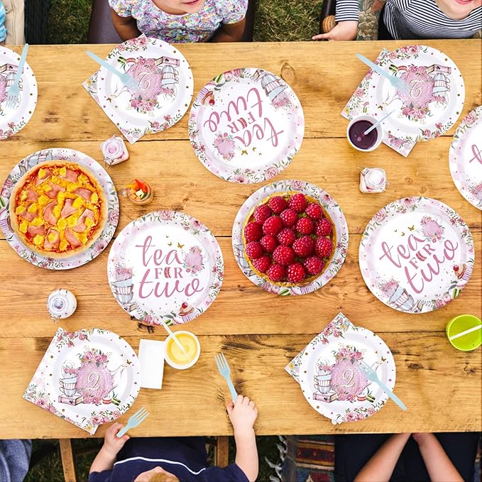 96Pcs Tea for Two Party Supplies Tea 2nd Year Old Girl Birthday Plates and Napkins Pink Floral Teapot Theme Tableware Set for Girls Tea-themed Baby Shower Birthday Party Supplies，Serves 24