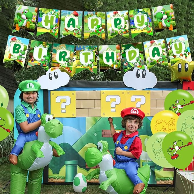 Yoshi Party Decorations,Yoshi Birthday Party Supplies Includes Banner - Cake Topper - 24 Cupcake Toppers - 18 Balloons