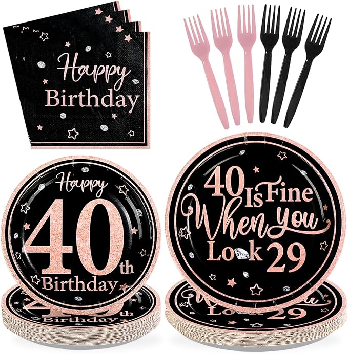 96Pcs 40th Black and Pink Birthday Party Supplies 40 Is Fine When You Look 29 Plates and Napkins Black and Pink Theme Tableware Set for Women 40th Birthday Party Decorations Serves 24