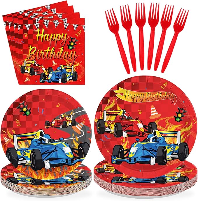 96Pcs Car Racing Birthday Party Decorations Car Birthday Plates and Napkins Sets Red Race Car Themed Decorations for Wheel Sports Boys Birthday Pit Stop Party Supplies Serves 24