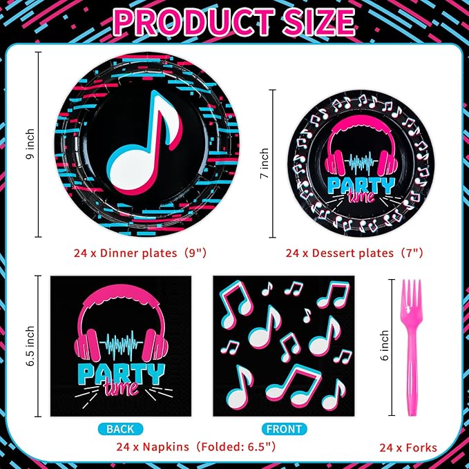 DYLIVeS 96 Pcs Music Party Supplies, Music Theme Birthday Party Decorations Disposable Tableware Packs Music Note Party Supplies for Girls - 9'' and 7'' Plates and Napkins, Forks (Serves 24)