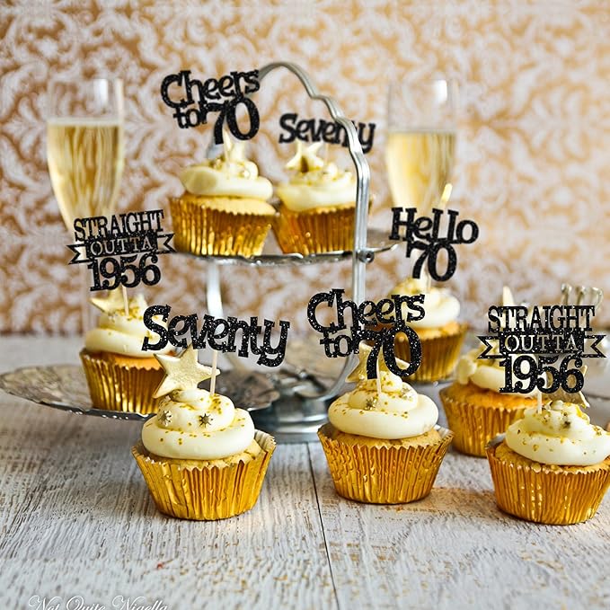 Ephlyn 24Pcs Happy 70th Birthday Cupcake Toppers Glitter Straight Outta 1956 Cupcake Picks Hello 70 Cheers to 70 Years Birthday Cake Decorations for 70th Birthday Anniversary Party Supplies Black