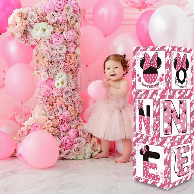 TONIFUL Pink Mouse 1st Birthday Party Supplies Pink Balloon Box with Letters, Mouse Theme One Year Old Birthday Party Favors for Girls Baby Shower B-Day Decoration