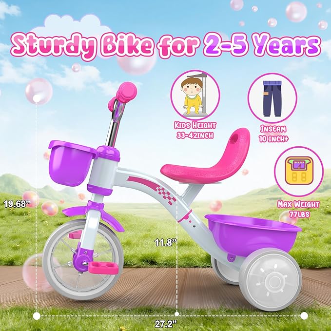 Toddler Tricycle for 1-3 3-5 Year Olds, 2 3 4 5 Year Old Girl Birthday Gifts, Purple Toddler Baby Bike, 4-Level Adjustable Seat, 3 Color Light Wheels, 2 Baskets, Outdoor Riding Toys for Ages 2-4