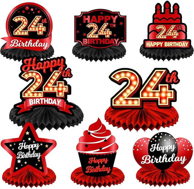 Happy 24th Birthday Red and Black Table Honeycomb Centerpieces Balloons Theme Decor Table Decorations Table Toppers for Girls Women Princess 24 Years Old Birthday Party Bday Supplies Background Gold