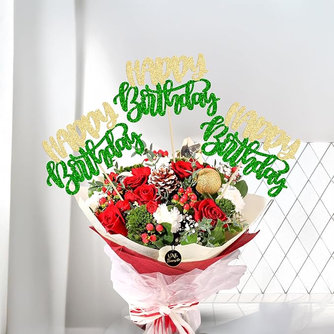 Gyufise 12Pcs Happy Birthday Centerpieces Sticks Double Sided Glitter Birthday Party Decorations Anniversary Table Flower Centerpiece for Celebrating Party Supplies Green Gold