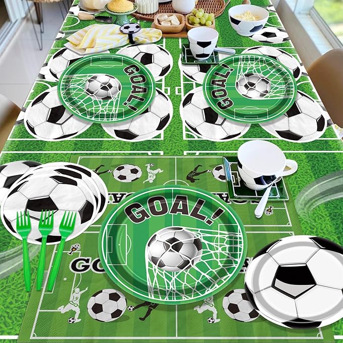 Soccer Party Supplies Kit Serve 20, Disposable Tableware Set Includes Dinner Plates, Dessert Plates, Napkins, Forks, Tablecloths for Boys Birthday Sports Theme Party Decorations