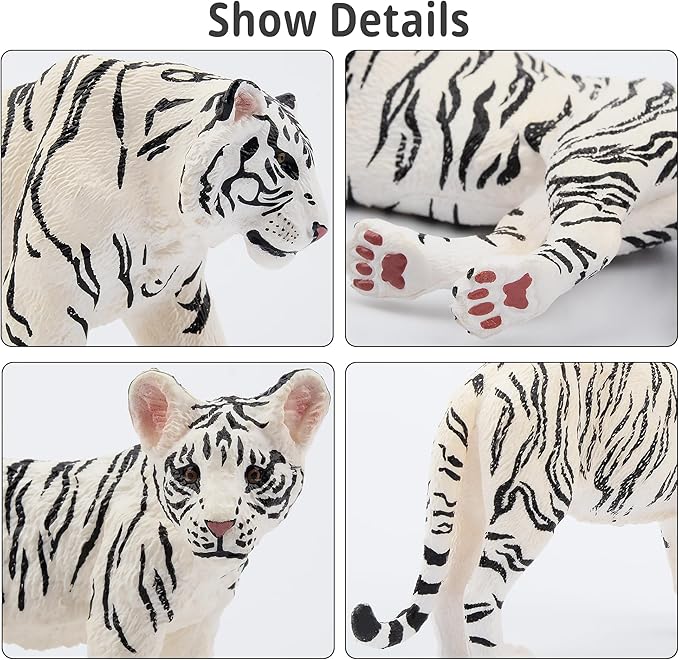 Toymany 6PCS Realistic White Tigers Figurines with Tiger Cubs, 2-6" Jungle Animals Figures Family Set Includes Baby Tigers, Educational Toy Cake Toppers Christmas Birthday Gift for Kids Toddlers