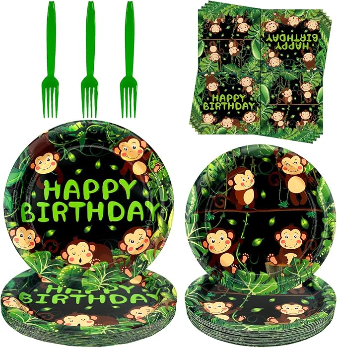 Monkey Party Supplies - Monkey Party Tableware - Dinner Plates, Dessert Plates, Napkins, Forks for Wild Jungle Animal Monkey Theme Birthday Supplies, Serves 25