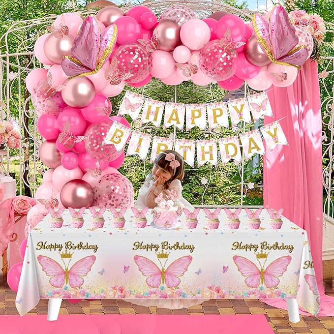 Butterfly Decorations for Girls, Pink Butterfly Themed Birthday Decorations Party Supplies with Balloon Arch Kit Backdrop Banner Foil Balloons Wall Decor, Princess Baby Shower Bday Party