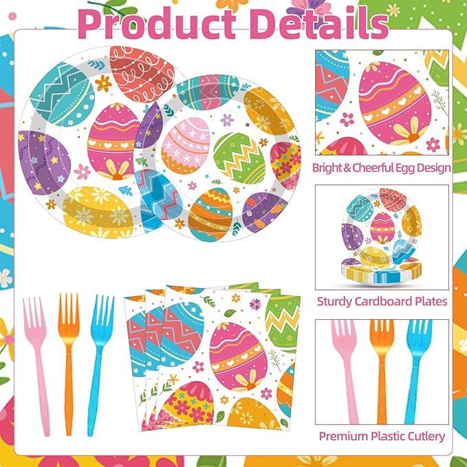 100 Pcs Easter Egg Tableware Party Supplies Set, Serves 25 – Disposable Colorful Eggs Paper Plates, Napkins, and Forks for Spring Celebration, Easter Day Egg Hunt, or Holiday Brunch Decorations