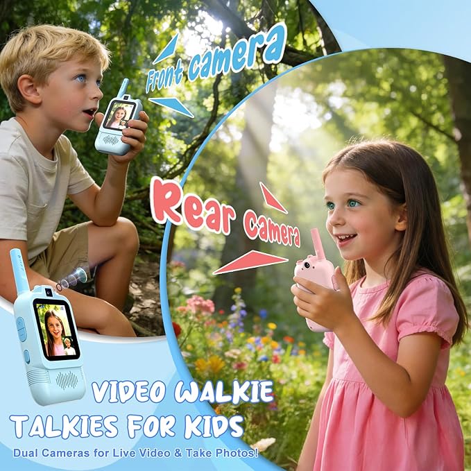 2 Pack Kids Video Walkie Talkies with Dual Cameras, Rechargeable Walkie-Talkie with Sticker Effect Photo/Voice Chat/Emoji Messaging, Gift for 3-12 Boys Girls to Family Fun Interaction