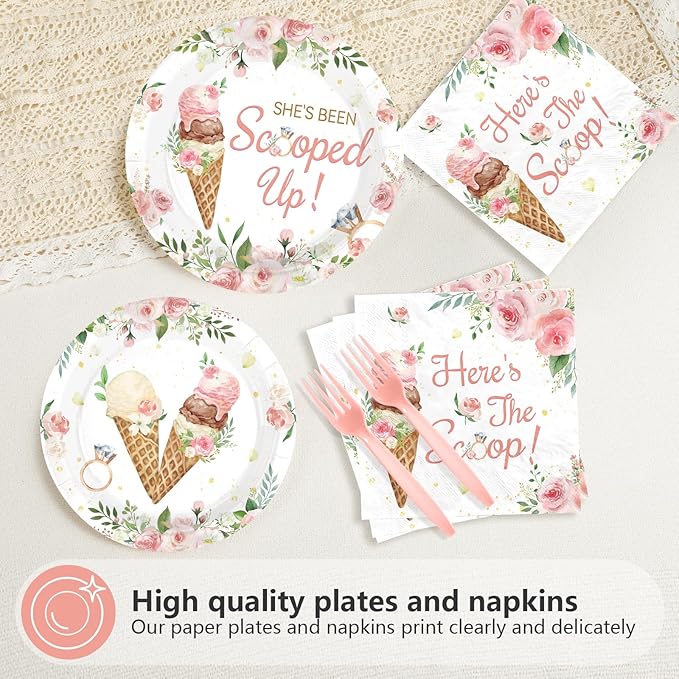 96 Pcs Ice Cream Bridal Shower Decorations Disposable She's Been Scooped Up Paper Plates and Napkins Pink Floral Tableware Set for Women Bridal Shower Wedding Engagement Bachelorette Party Supplies