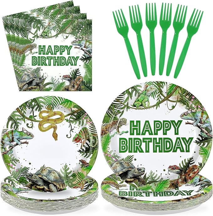 96Pcs Reptile Birthday Party Supplies Lizard Snake Turtle Birthday Party Plates and Napkins Green Reptile Wild Tableware Set for Tropical Wild Greenery Favors Serves 24