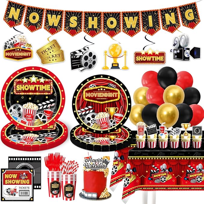 Movie Night Supplies, 160PCS Movie Themed Party Decorations with Now Showing Banner, Hanging Swirls, Balloons, Plates, Napkins, Cups, Forks, Straws, Tablecloths, Cake & Cupcake Toppers