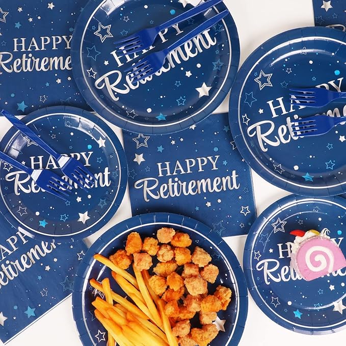 96Pcs Blue Retirement Plates and Napkins Blue Silver Retirement Party Decorations Blue Happy Retirement Party Supplies Disposable Party Paper Cake Dessert Plates for Men Woman Serves 24 Guests
