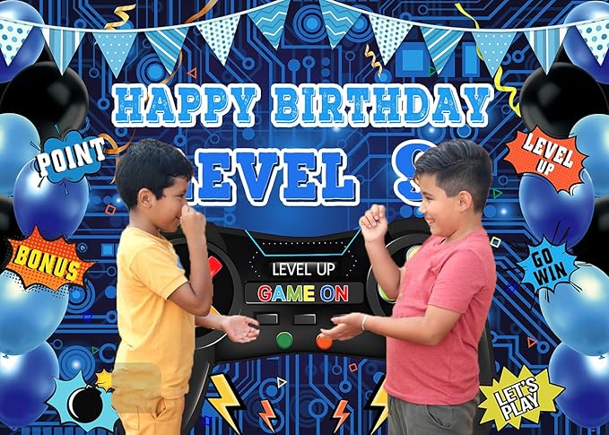 Game Theme Level 9 Birthday Backdrop Video Game Happy 9th Birthday Party Decorations Level Up Theme Boys Kids Birthday Party Supplies(7×5FT)