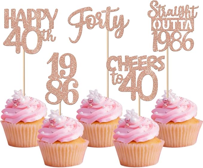 30PCS 40th Birthday Cupcake Toppers Glitter Forty Happy 40th Straight Outta 1986 Cupcake Picks for Cheers to 40 Years Birthday Wedding Anniversary Party Decorations Supplies Rose Gold