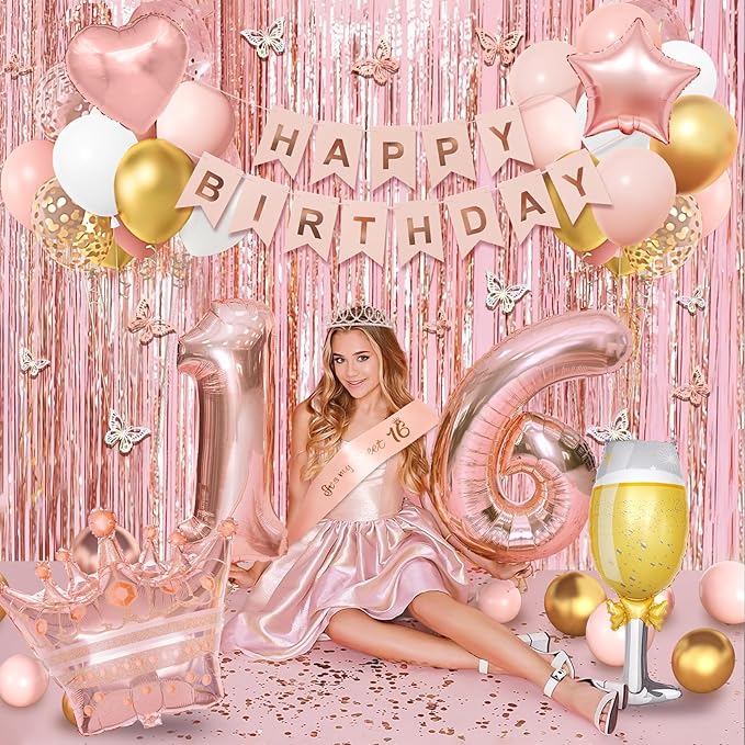 Amandir Sweet 16 Party Decorations, 16th Birthday Decorations for Girls Rose Gold Pink Foil Number Balloons Table Cloth Crown Sash Fringe Curtains Happy Birthday Banner Butterfly Party Supplies