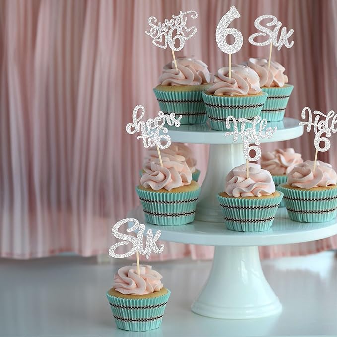 30Pcs 6th Birthday Cupcake Toppers Glitter Six Hello 6 Cupcake Picks Cheers to 6 Years Old Cake Decorations for 6th Birthday Party Supplies Silver