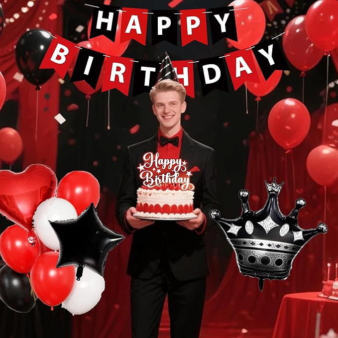 Red And Black Birthday Decorations for Women,Fringe Curtains Happy Birthday Banner,Red balloons,Cake Toppers for girls