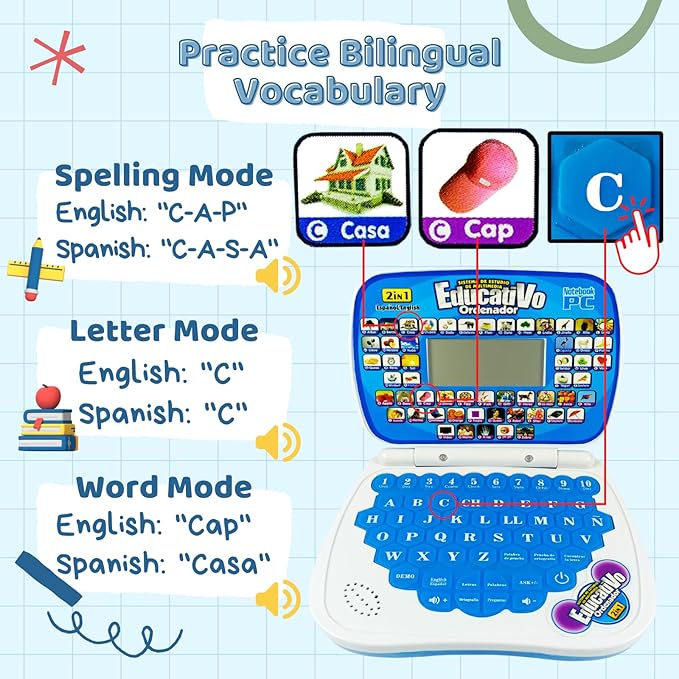 ZEENKIND Spanish & English Small Talking Laptop Toy for Kids 2 3 4 Years Old, Learn Spanish Alphabet Numbers Words Spelling Math, Interactive Bilingual Learning Laptop Toys for Toddlers