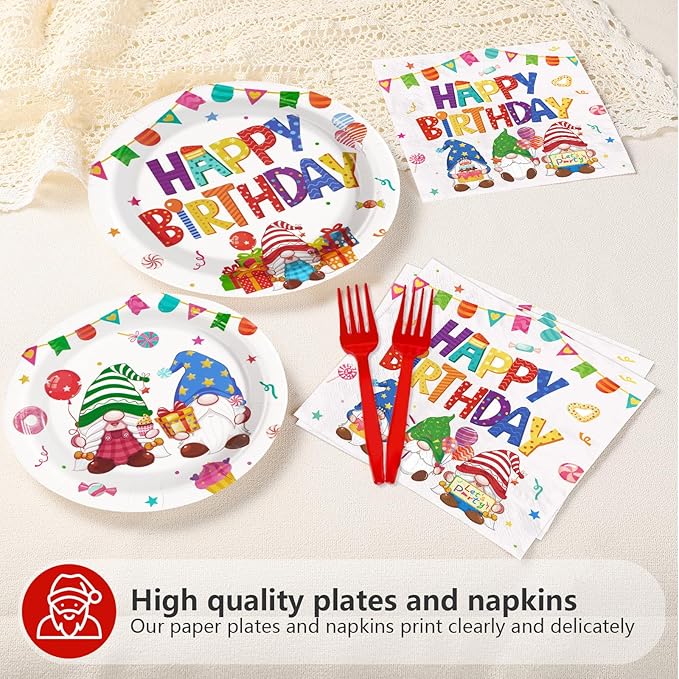 96Pcs Gnome Birthday Party Supplies Colorful Rainbow Gnomes Plates and Napkins Gnome Themed Tableware Set for Boys Girls Birthday Spring Summer Party Supplies，Serves 24