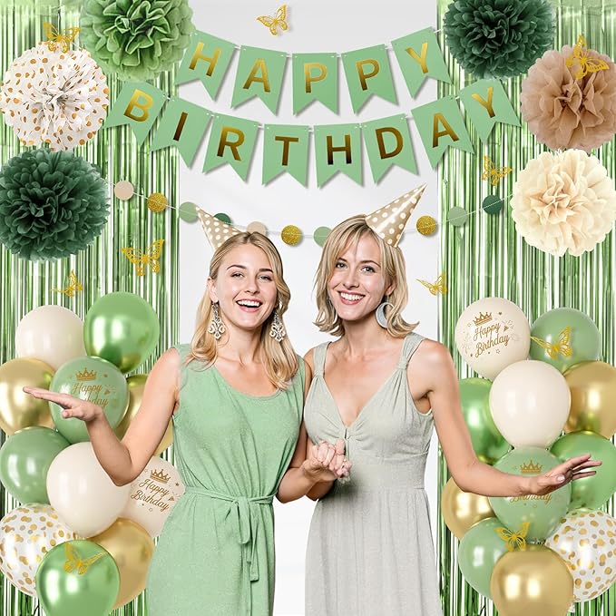 Sage Green Birthday Decorations, Olive Green Gold Metallic Printed Balloons Butterfly Stickers Fringe Curtain Happy Birthday Banner Circle Dots Paper Pompoms for Women Girls Boys Party Decor Supplies