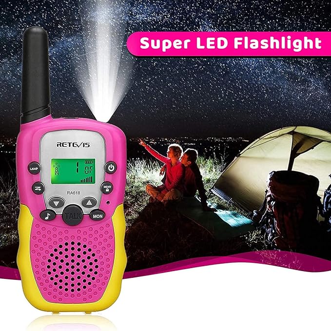 Retevis RA18 Kids Walkie Talkies, Walkie Talkie Toys for 6-12 Year Old Girls Boys, 22 CH, Built-in Flashlight, Girls Christmas Birthday Gifts, Outdoor Garden Camping Family Trip(Pink 2 Pack)