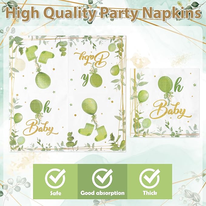 96Pcs Welcome Baby Greenery Baby Shower Sage Green Balloon Party Plates Supplies Tableware Decorations Disposable Paper Plates Napkins Forks for Birthday Gender Reveal, Serves 24