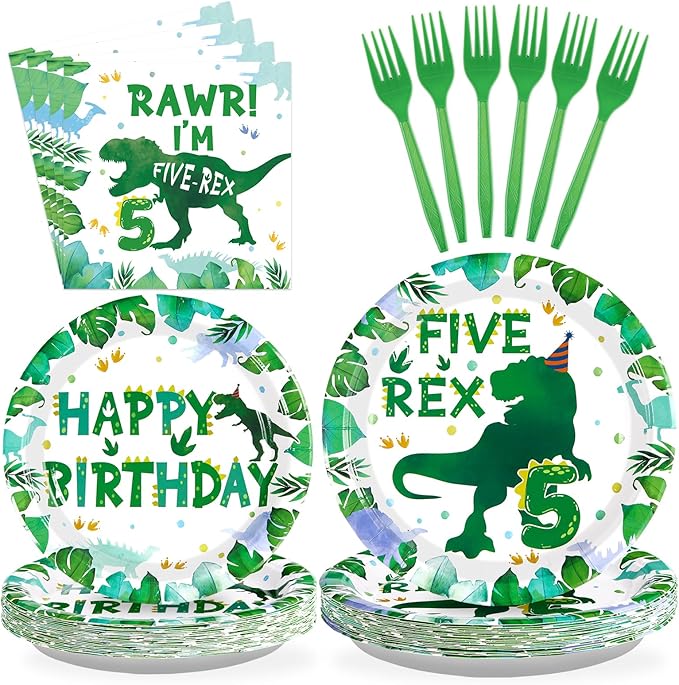 Grencian 96 Pcs Dinosaur 5th Birthday Decorations Five Rex Plates and Napkins 5 Years Old Dinosaur Party Supplies Roar I’m Five Dino Tableware Set for Boys Kids Dino Themed Party Favors Serves 24