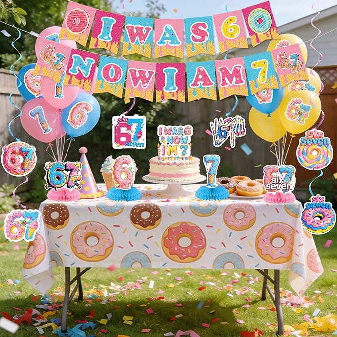 6 7 Birthday Party Decoration Set Funny 6 7 Meme Donut Theme Decor with Hanging Swirls Honeycomb Centerpieces I Was 6 Now I'm 7 Banner Cake Topper Blue and Pink Six Seven Party Supplies