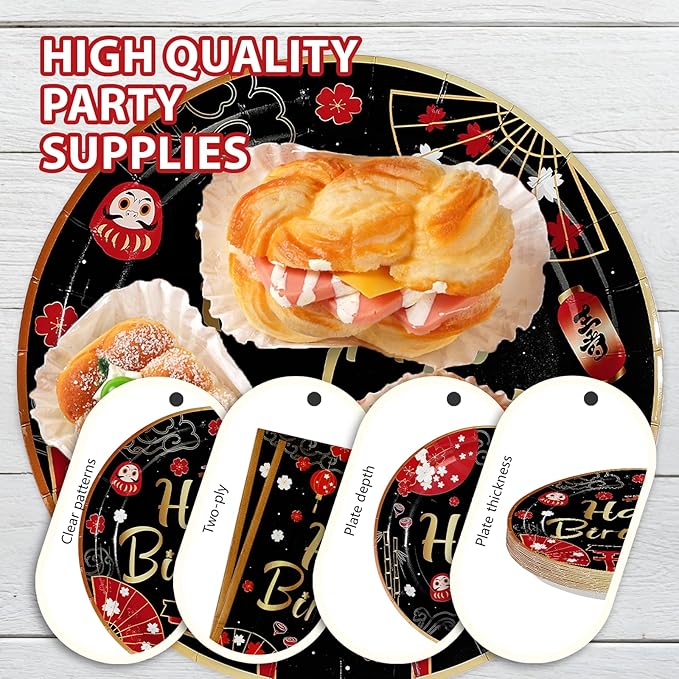 96Pcs Hibachi Birthday Decorations Black Red Japanese Cherry Plates and Napkins Japanese Hibachi Birthday Decorations Favors for Asian Japan Theme Vintage Baby Shower Party Supplies Serves 24