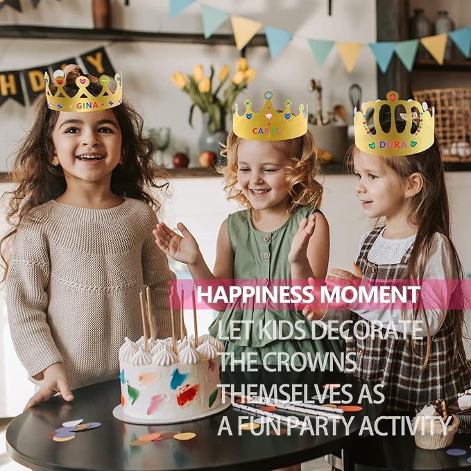 38 Pcs Paper Crowns for Kids Boys Girls Adults Princess Prince King, Classroom Crown, Birthday Party Hats with Gold Gem Jewels Number Letter Stickers, DIY Decorate Decor Favor Supplies