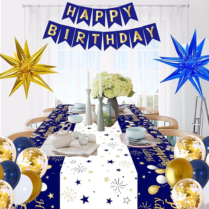 Gold and Blue Birthday Decorations for Men Boys Women Girls, 80pcs Blue and Gold Party Decorations Happy Birthday Backdrop Banner White Confetti Star Balloons Arch Tablecloth Party Supplies
