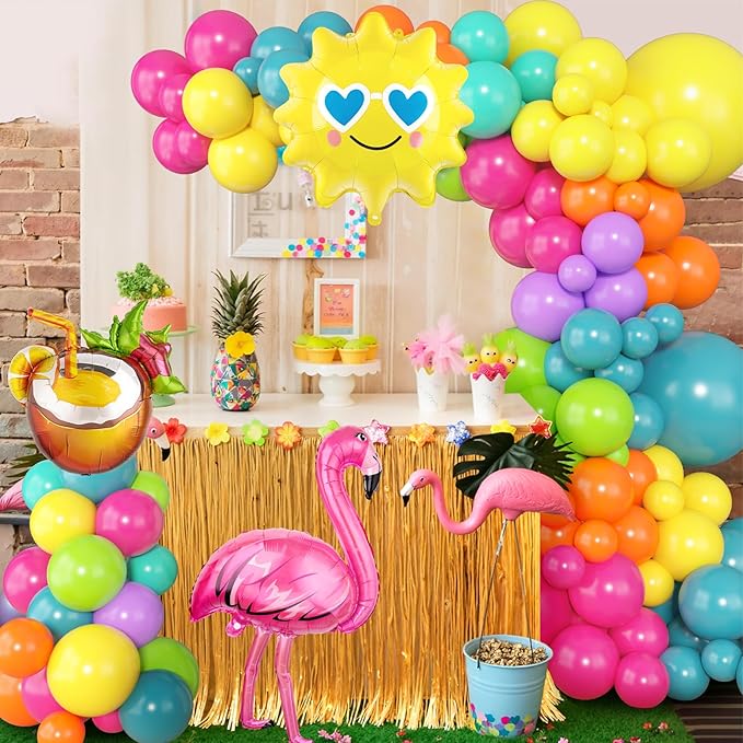 164Pcs Summer Tropical Balloon Arch Garland Kit, Rainbow Hot Pink Green Orange Blue Purple Sun Coconut Flamingo Foil Balloons for Hawaiian Luau Aloha Baby Shower Birthday Party Decorations Supplies