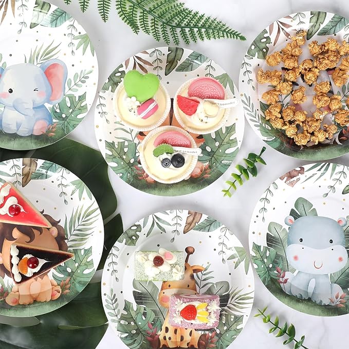 60Pcs Jungle Safari Plates Party Supplies Zoo Animal Paper Plates Safari Tableware Party Decorations for Birthday Baby Shower Woodland Animals Print Dinnerware Party Favors for 60 Guest
