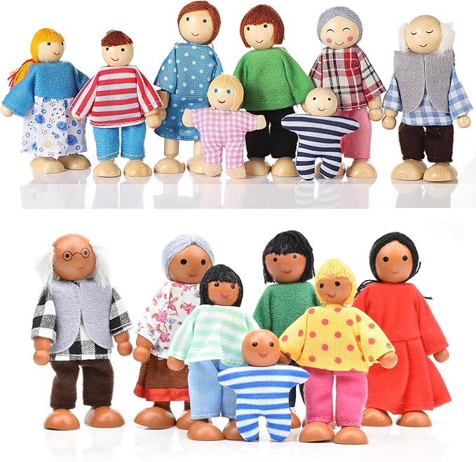 15 Pcs Wooden Dollhouse People with Movable Limbs, Doll House Family Figures for Educational Pretend Play