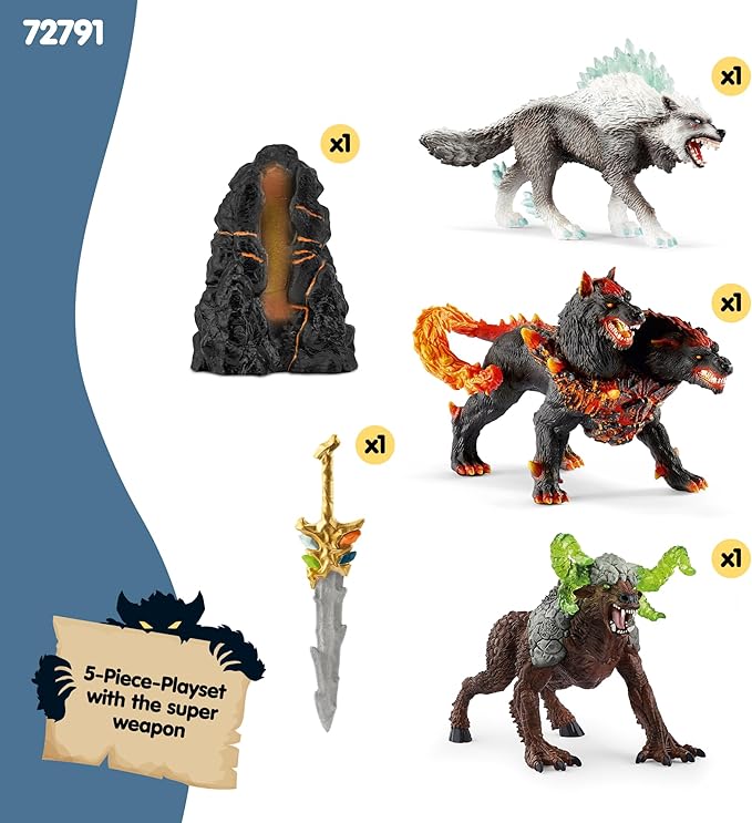 Schleich Eldrador Creatures - 5PC Fantasy Creature Set - Ice Wolf, Lava Hound, Rock Beast and Sword Figure Playset - Animal Monster Figurines for Boys and Girls - Durable Toys for Kids Ages 7+ | 72179